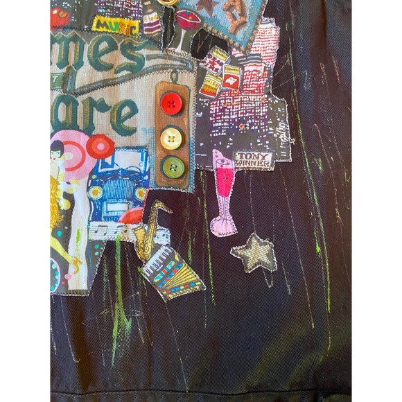 Jane Elissa unique cut off sleeves Patch vest black denim jacket size xl - Picture 3 of 12